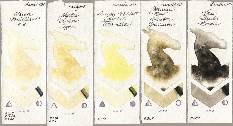 Holbein Artists Watercolor 031 Jaune Brilliant No 1 vs Rosa Gallery 745 Naples Yellow Light vs Winsor & Newton Professional 347 Lemon Yellow (Nickel Titanate) vs Roman Szmal Aquarius 125 German Raw Umber Greenish vs Daniel Smith 110 Van Dyck Brown watercolor swatch