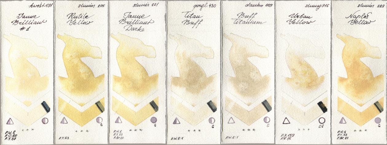 Holbein Artists Watercolor 031 Jaune Brilliant No 1, Shminke Horadam Aquarell 205 Rutile Yellow, 221 Brilliant Yellow Dark (Jaune Brilliant Dark), Golden QOR 430 Titan Buff, Daniel Smith 009 Buff Titanium, 916 Urban Yellow, 229 Naples Yell watercolor swatch