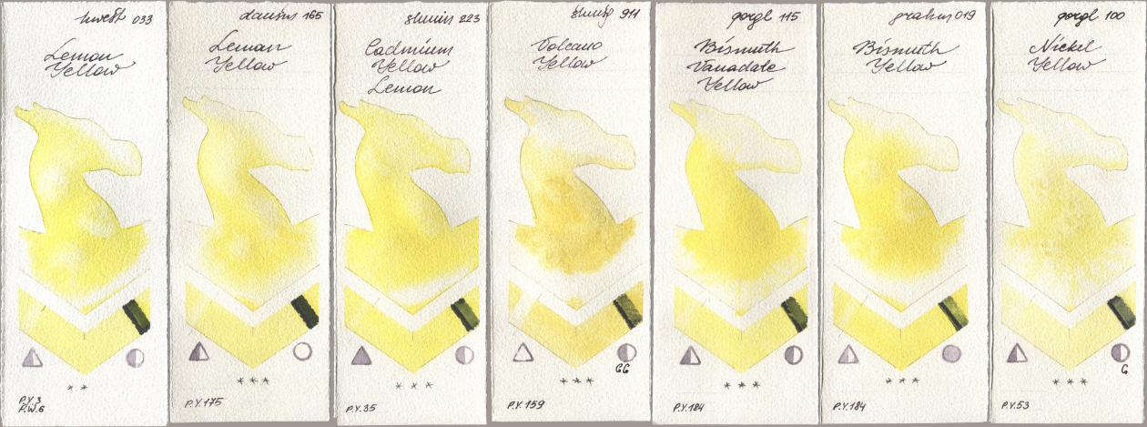 Holbein Artists Watercolor 033 Lemon Yellow, Daniel Smith 165 Lemon Yellow, Shminke Horadam Aquarell 223 Cadmium Yellow Lemon, 911 Volcano Yellow, Golden QOR 115 Bismuth Vanadate Yellow, M. Graham & Co. Artists 019 Bismuth Yellow, 100 Nickel Yell watercolor swatch