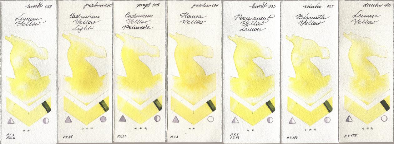 Holbein Artists Watercolor 033 Lemon Yellow, M. Graham & Co. Artists 070 Cadmium Yellow Light, Golden QOR 105 Cadmium Yellow Primrose, 107 Hansa Yellow, 035 Permanent Yellow Lemon, Winsor & Newton Professional 025 Bismuth Yellow, Daniel Smith 165 Lemon Yell watercolor swatch