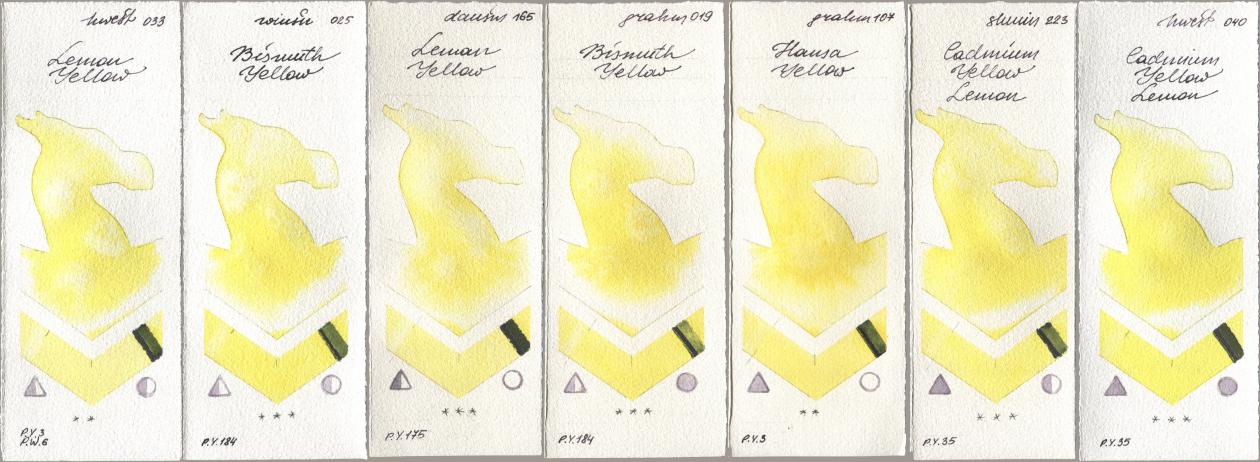 Holbein Artists Watercolor 033 Lemon Yellow, Winsor & Newton Professional 025 Bismuth Yellow, Daniel Smith 165 Lemon Yellow, M. Graham & Co. Artists 019 Bismuth Yellow, 107 Hansa Yellow, Shminke Horadam Aquarell 223 Cadmium Yellow Lemon, 040 Cadmium Yellow Lem watercolor swatch