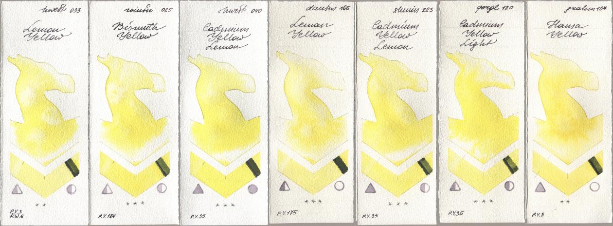 Holbein Artists Watercolor 033 Lemon Yellow, Winsor & Newton Professional 025 Bismuth Yellow, 040 Cadmium Yellow Lemon, Daniel Smith 165 Lemon Yellow, Shminke Horadam Aquarell 223 Cadmium Yellow Lemon, Golden QOR 120 Cadmium Yellow Light, M. Graham & Co. Artists 107 Hansa Yell watercolor swatch