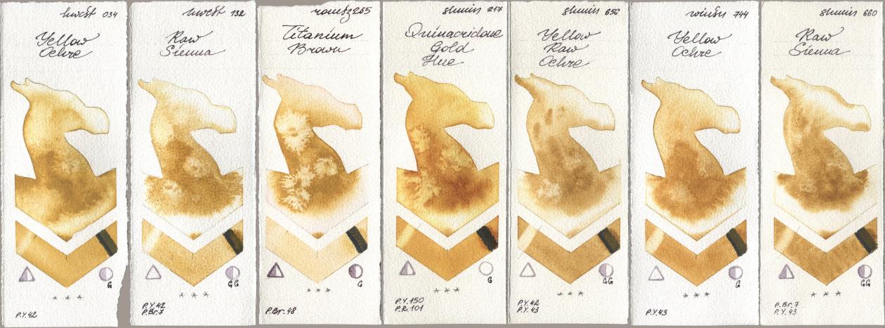 Holbein Artists Watercolor 034 Yellow Ochre, 132 Raw Sienna, Roman Szmal Aquarius 265 Titanium Brown, Shminke Horadam Aquarell 217 Quinacridone Gold Hue, 656 Yellow Raw Ochre, Winsor & Newton Professional 744 Yellow Ochre, 660 Raw Sien watercolor swatch