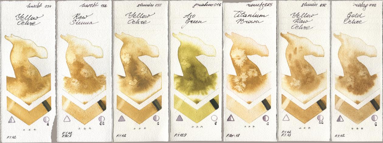 Holbein Artists Watercolor 034 Yellow Ochre, 132 Raw Sienna, Shminke Horadam Aquarell 655 Yellow Ochre, M. Graham & Co. Artists 016 Azo Green, Roman Szmal Aquarius 265 Titanium Brown, 656 Yellow Raw Ochre, Rosa Gallery 772 Gold Och watercolor swatch