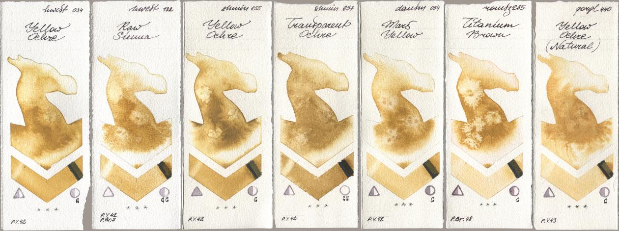 Holbein Artists Watercolor 034 Yellow Ochre, 132 Raw Sienna, Shminke Horadam Aquarell 655 Yellow Ochre, 657 Transparent Ochre, Daniel Smith 054 Mars Yellow, Roman Szmal Aquarius 265 Titanium Brown, Golden QOR 440 Yellow Ochre (Natura watercolor swatch