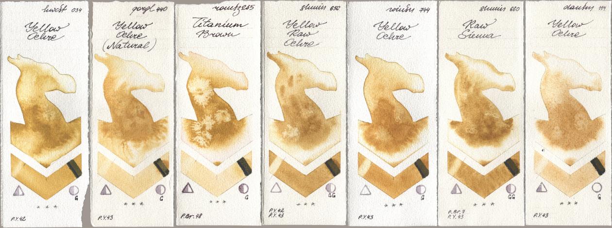 Holbein Artists Watercolor 034 Yellow Ochre, Golden QOR 440 Yellow Ochre (Natural), Roman Szmal Aquarius 265 Titanium Brown, Shminke Horadam Aquarell 656 Yellow Raw Ochre, Winsor & Newton Professional 744 Yellow Ochre, 660 Raw Sienna, Daniel Smith 114 Yellow Och watercolor swatch