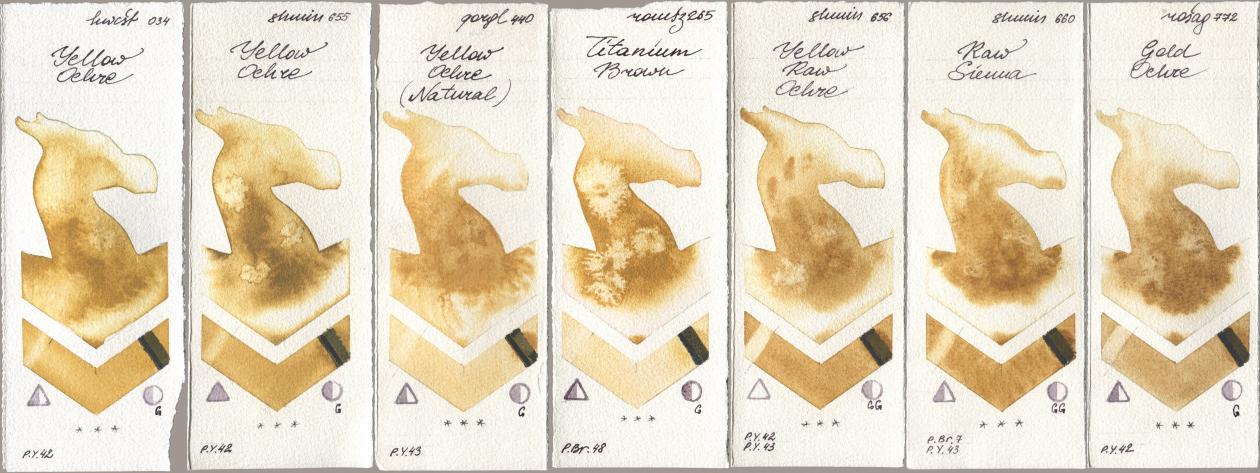 Holbein Artists Watercolor 034 Yellow Ochre, Shminke Horadam Aquarell 655 Yellow Ochre, Golden QOR 440 Yellow Ochre (Natural), Roman Szmal Aquarius 265 Titanium Brown, 656 Yellow Raw Ochre, 660 Raw Sienna, Rosa Gallery 772 Gold Och watercolor swatch