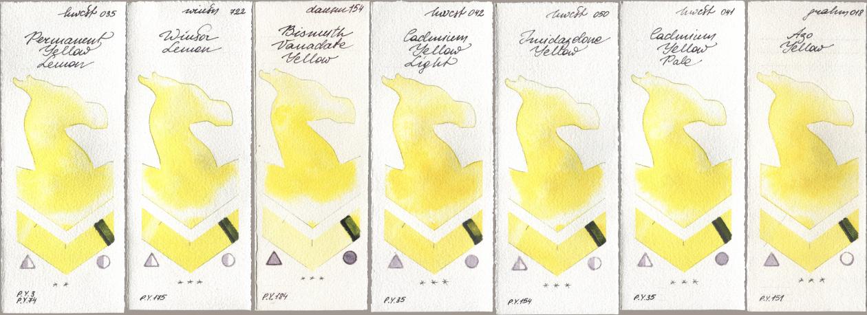 Holbein Artists Watercolor 035 Permanent Yellow Lemon, Winsor & Newton Professional 722 Winsor Lemon, Daniel Smith 154 Bismuth Vanadate Yellow, 042 Cadmium Yellow Light, 050 Imidazolone Yellow, 041 Cadmium Yellow Pale, M. Graham & Co. Artists 018 Azo Yell watercolor swatch