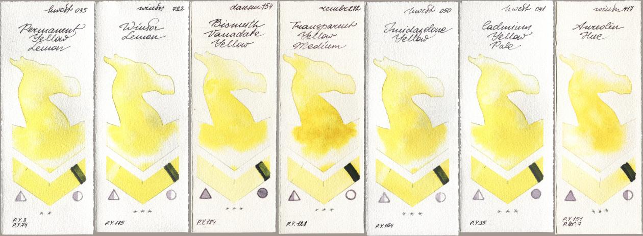 Holbein Artists Watercolor 035 Permanent Yellow Lemon, Winsor & Newton Professional 722 Winsor Lemon, Daniel Smith 154 Bismuth Vanadate Yellow, Royal Talens Rembrandt Watercolour 272 Transparent Yellow Medium, 050 Imidazolone Yellow, 041 Cadmium Yellow Pale, 417 Aureolin H watercolor swatch