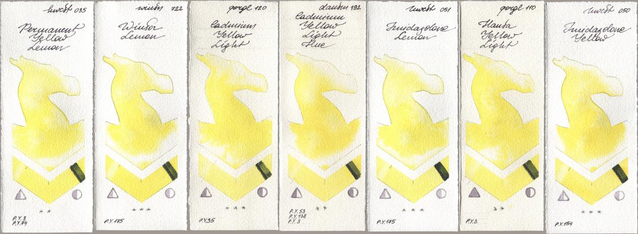 Holbein Artists Watercolor 035 Permanent Yellow Lemon, Winsor & Newton Professional 722 Winsor Lemon, Golden QOR 120 Cadmium Yellow Light, Daniel Smith 192 Cadmium Yellow Light Hue, 051 Imidazolone Lemon, 110 Hansa Yellow Light, 050 Imidazolone Yell watercolor swatch