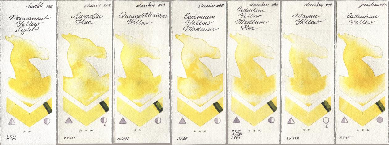 Holbein Artists Watercolor 036 Permanent Yellow Light, Shminke Horadam Aquarell 208 Aureolin Hue, Daniel Smith 223 Quinophthalone Yellow, 225 Cadmium Yellow Medium, 184 Cadmium Yellow Medium Hue, 212 Mayan Yellow, M. Graham & Co. Artists 060 Cadmium Yell watercolor swatch