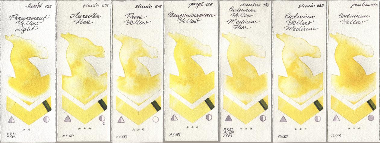 Holbein Artists Watercolor 036 Permanent Yellow Light, Shminke Horadam Aquarell 208 Aureolin Hue, 216 Pure Yellow, Golden QOR 126 Benzimidazolone Yellow, Daniel Smith 184 Cadmium Yellow Medium Hue, 225 Cadmium Yellow Medium, M. Graham & Co. Artists 060 Cadmium Yell watercolor swatch