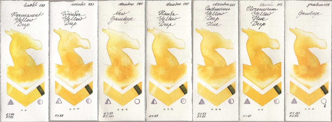 Holbein Artists Watercolor 037 Permanent Yellow Deep, Winsor & Newton Professional 731 Winsor Yellow Deep, Daniel Smith 060 New Gamboge, 040 Hansa Yellow Deep, 221 Cadmium Yellow Deep Hue, Shminke Horadam Aquarell 213 Chrome Yellow Deep LF (Chromium Yellow Hue Deep), M. Graham & Co. Artists 105 Gambo watercolor swatch