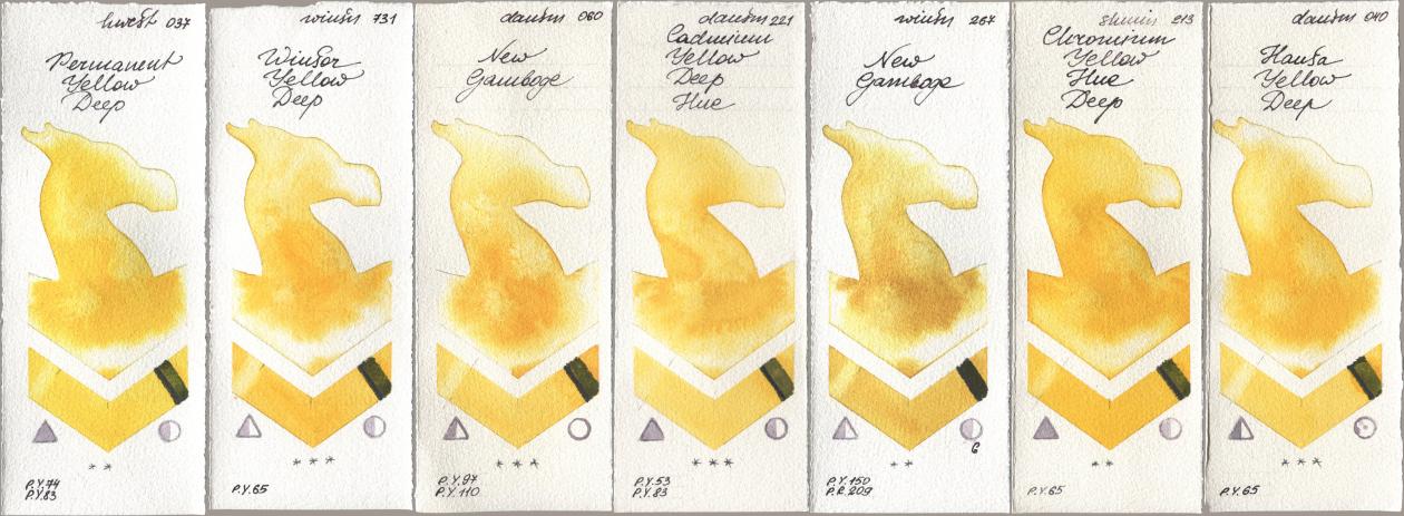 Holbein Artists Watercolor 037 Permanent Yellow Deep, Winsor & Newton Professional 731 Winsor Yellow Deep, Daniel Smith 060 New Gamboge, 221 Cadmium Yellow Deep Hue, 267 New Gamboge, Shminke Horadam Aquarell 213 Chrome Yellow Deep LF (Chromium Yellow Hue Deep), 040 Hansa Yellow De watercolor swatch