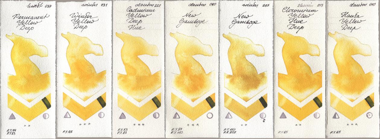 Holbein Artists Watercolor 037 Permanent Yellow Deep, Winsor & Newton Professional 731 Winsor Yellow Deep, Daniel Smith 221 Cadmium Yellow Deep Hue, 060 New Gamboge, 267 New Gamboge, Shminke Horadam Aquarell 213 Chrome Yellow Deep LF (Chromium Yellow Hue Deep), 040 Hansa Yellow De watercolor swatch