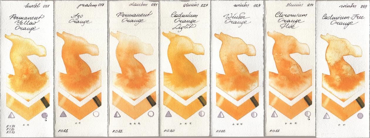 Holbein Artists Watercolor 038 Permanent Yellow Orange, M. Graham & Co. Artists 017 Azo Orange, Daniel Smith 071 Permanent Orange, Shminke Horadam Aquarell 227 Cadmium Orange Light, Winsor & Newton Professional 724 Winsor Orange, 214 Chrome Organge LF (Chromium Orange Hue), 899 Cadmium-Free Oran watercolor swatch