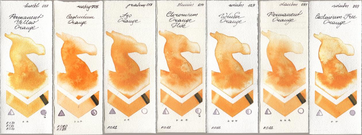Holbein Artists Watercolor 038 Permanent Yellow Orange, Rosa Gallery 705 Cadmium Orange, M. Graham & Co. Artists 017 Azo Orange, Shminke Horadam Aquarell 214 Chrome Organge LF (Chromium Orange Hue), Winsor & Newton Professional 724 Winsor Orange, Daniel Smith 071 Permanent Orange, 899 Cadmium-Free Oran watercolor swatch