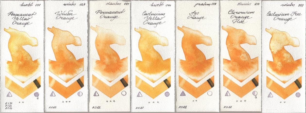 Holbein Artists Watercolor 038 Permanent Yellow Orange, Winsor & Newton Professional 724 Winsor Orange, Daniel Smith 071 Permanent Orange, 044 Cadmium Yellow Orange, M. Graham & Co. Artists 017 Azo Orange, Shminke Horadam Aquarell 214 Chrome Organge LF (Chromium Orange Hue), 899 Cadmium-Free Oran watercolor swatch