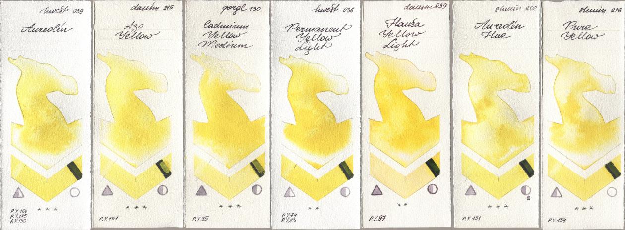 Holbein Artists Watercolor 039 Aureolin, Daniel Smith 215 Azo Yellow, Golden QOR 130 Cadmium Yellow Medium, 036 Permanent Yellow Light, 039 Hansa Yellow Light, Shminke Horadam Aquarell 208 Aureolin Hue, 216 Pure Yell watercolor swatch