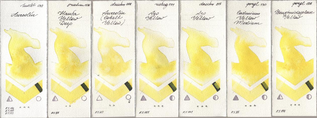 Holbein Artists Watercolor 039 Aureolin, M. Graham & Co. Artists 106 Hansa Yellow Deep, Daniel Smith 006 Aureolin (Cobalt Yellow), Rosa Gallery 771 Azo Yellow, 215 Azo Yellow, Golden QOR 130 Cadmium Yellow Medium, 126 Benzimidazolone Yell watercolor swatch