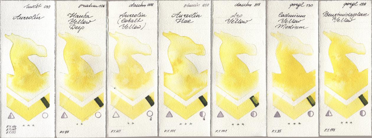 Holbein Artists Watercolor 039 Aureolin, M. Graham & Co. Artists 106 Hansa Yellow Deep, Daniel Smith 006 Aureolin (Cobalt Yellow), Shminke Horadam Aquarell 208 Aureolin Hue, 215 Azo Yellow, Golden QOR 130 Cadmium Yellow Medium, 126 Benzimidazolone Yell watercolor swatch