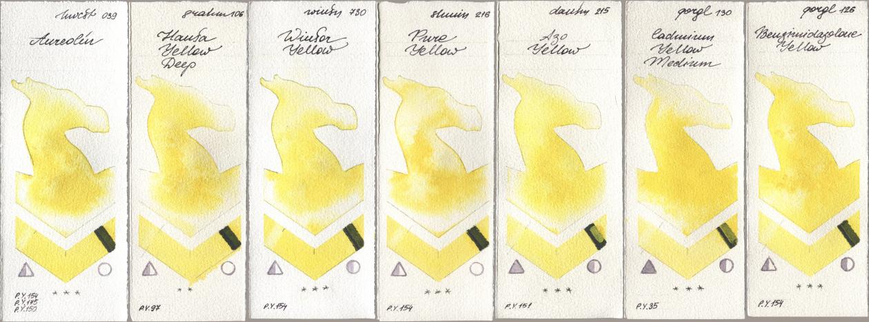 Holbein Artists Watercolor 039 Aureolin, M. Graham & Co. Artists 106 Hansa Yellow Deep, Winsor & Newton Professional 730 Winsor Yellow, Shminke Horadam Aquarell 216 Pure Yellow, Daniel Smith 215 Azo Yellow, Golden QOR 130 Cadmium Yellow Medium, 126 Benzimidazolone Yell watercolor swatch
