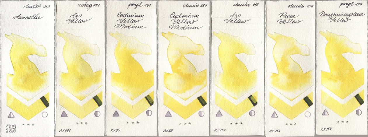 Holbein Artists Watercolor 039 Aureolin, Rosa Gallery 771 Azo Yellow, Golden QOR 130 Cadmium Yellow Medium, Shminke Horadam Aquarell 225 Cadmium Yellow Medium, Daniel Smith 215 Azo Yellow, 216 Pure Yellow, 126 Benzimidazolone Yell watercolor swatch