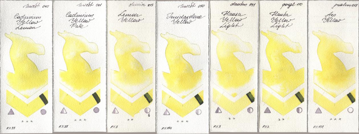 Holbein Artists Watercolor 040 Cadmium Yellow Lemon, 041 Cadmium Yellow Pale, Shminke Horadam Aquarell 215 Lemon Yellow, 050 Imidazolone Yellow, Daniel Smith 041 Hansa Yellow Light, Golden QOR 110 Hansa Yellow Light, M. Graham & Co. Artists 018 Azo Yell watercolor swatch