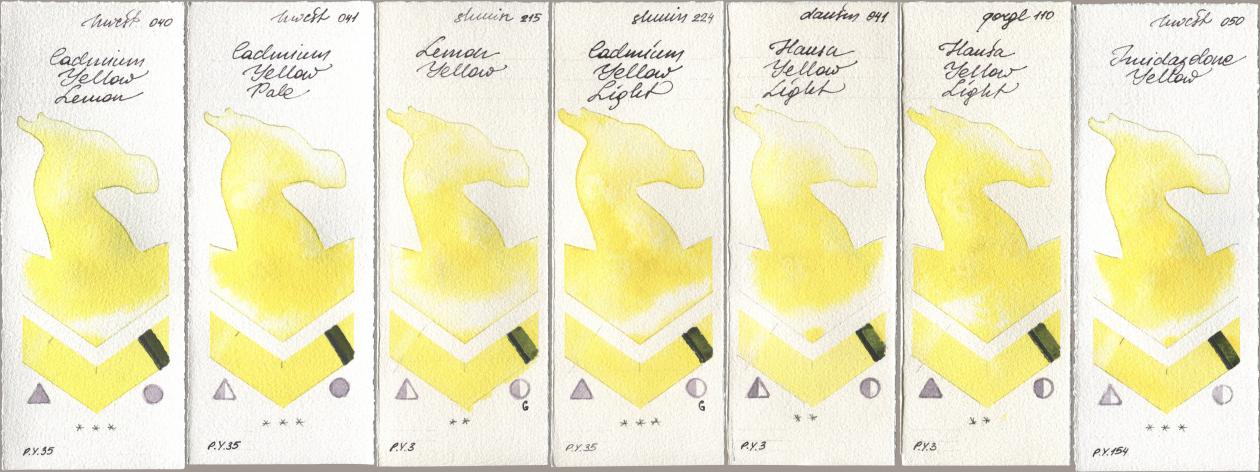 Holbein Artists Watercolor 040 Cadmium Yellow Lemon, 041 Cadmium Yellow Pale, Shminke Horadam Aquarell 215 Lemon Yellow, 224 Cadmium Yellow Light, Daniel Smith 041 Hansa Yellow Light, Golden QOR 110 Hansa Yellow Light, 050 Imidazolone Yell watercolor swatch