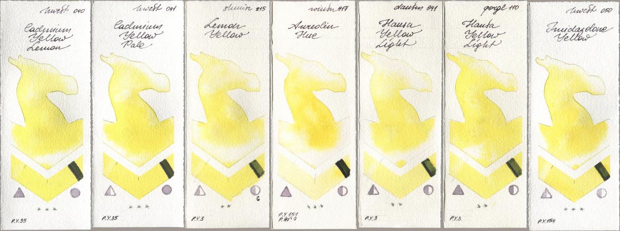 Holbein Artists Watercolor 040 Cadmium Yellow Lemon, 041 Cadmium Yellow Pale, Shminke Horadam Aquarell 215 Lemon Yellow, Winsor & Newton Professional 417 Aureolin Hue, Daniel Smith 041 Hansa Yellow Light, Golden QOR 110 Hansa Yellow Light, 050 Imidazolone Yell watercolor swatch