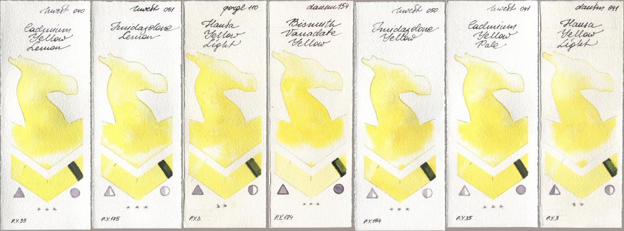 Holbein Artists Watercolor 040 Cadmium Yellow Lemon, 051 Imidazolone Lemon, Golden QOR 110 Hansa Yellow Light, Daniel Smith 154 Bismuth Vanadate Yellow, 050 Imidazolone Yellow, 041 Cadmium Yellow Pale, 041 Hansa Yellow Lig watercolor swatch