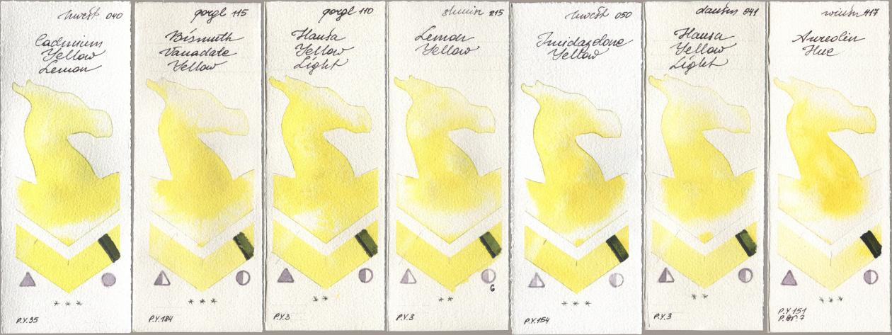 Holbein Artists Watercolor 040 Cadmium Yellow Lemon, Golden QOR 115 Bismuth Vanadate Yellow, 110 Hansa Yellow Light, Shminke Horadam Aquarell 215 Lemon Yellow, 050 Imidazolone Yellow, Daniel Smith 041 Hansa Yellow Light, Winsor & Newton Professional 417 Aureolin H watercolor swatch