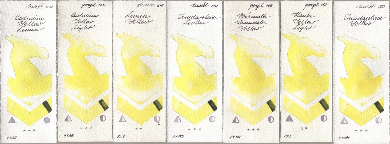Holbein Artists Watercolor 040 Cadmium Yellow Lemon, Golden QOR 120 Cadmium Yellow Light, Shminke Horadam Aquarell 215 Lemon Yellow, 051 Imidazolone Lemon, 115 Bismuth Vanadate Yellow, 110 Hansa Yellow Light, 050 Imidazolone Yell watercolor swatch