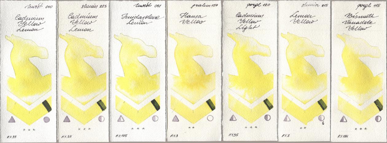 Holbein Artists Watercolor 040 Cadmium Yellow Lemon, Shminke Horadam Aquarell 223 Cadmium Yellow Lemon, 051 Imidazolone Lemon, M. Graham & Co. Artists 107 Hansa Yellow, Golden QOR 120 Cadmium Yellow Light, 215 Lemon Yellow, 115 Bismuth Vanadate Yell watercolor swatch