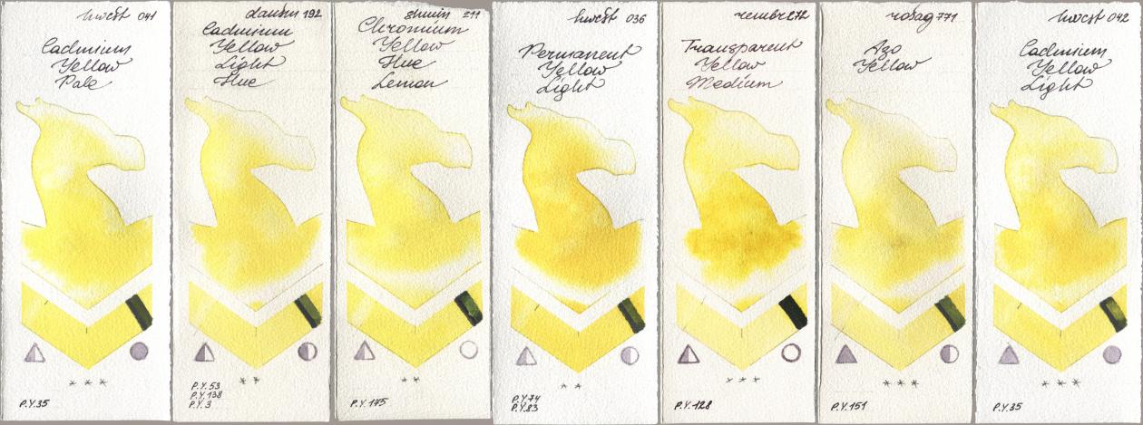 Holbein Artists Watercolor 041 Cadmium Yellow Pale, Daniel Smith 192 Cadmium Yellow Light Hue, Shminke Horadam Aquarell 211 Chromium Yellow Hue Lemon, 036 Permanent Yellow Light, Royal Talens Rembrandt Watercolour 272 Transparent Yellow Medium, Rosa Gallery 771 Azo Yellow, 042 Cadmium Yellow Lig watercolor swatch