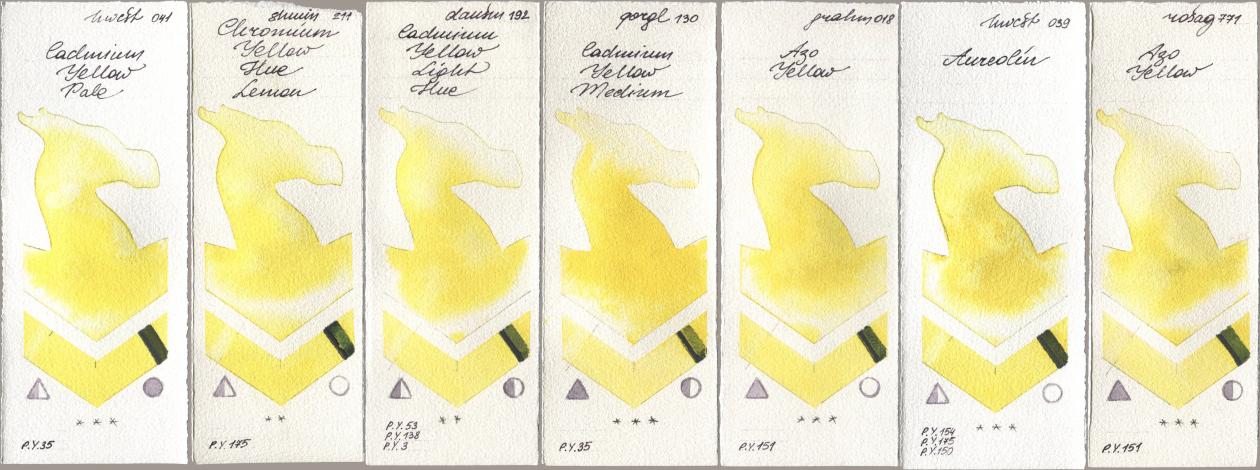 Holbein Artists Watercolor 041 Cadmium Yellow Pale, Shminke Horadam Aquarell 211 Chromium Yellow Hue Lemon, Daniel Smith 192 Cadmium Yellow Light Hue, Golden QOR 130 Cadmium Yellow Medium, M. Graham & Co. Artists 018 Azo Yellow, 039 Aureolin, Rosa Gallery 771 Azo Yell watercolor swatch