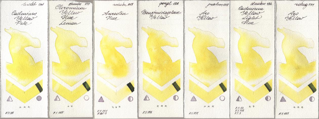 Holbein Artists Watercolor 041 Cadmium Yellow Pale, Shminke Horadam Aquarell 211 Chromium Yellow Hue Lemon, Winsor & Newton Professional 417 Aureolin Hue, Golden QOR 126 Benzimidazolone Yellow, M. Graham & Co. Artists 018 Azo Yellow, Daniel Smith 192 Cadmium Yellow Light Hue, Rosa Gallery 771 Azo Yell watercolor swatch