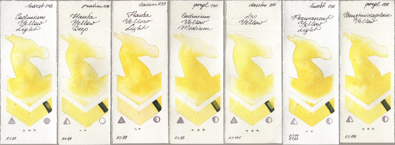 Holbein Artists Watercolor 042 Cadmium Yellow Light, M. Graham & Co. Artists 106 Hansa Yellow Deep, Daniel Smith 039 Hansa Yellow Light, Golden QOR 130 Cadmium Yellow Medium, 215 Azo Yellow, 036 Permanent Yellow Light, 126 Benzimidazolone Yell watercolor swatch