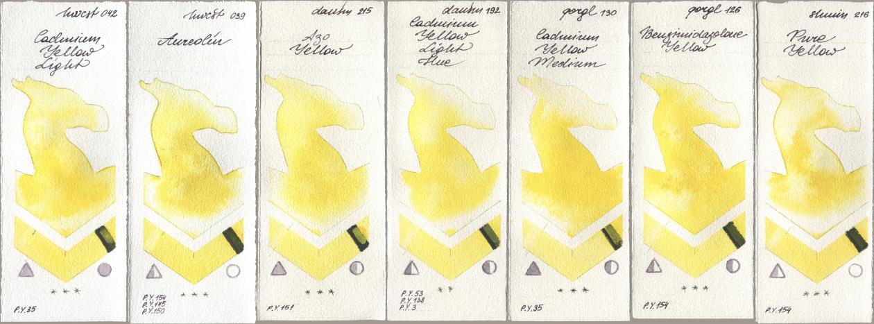 Holbein Artists Watercolor 042 Cadmium Yellow Light, 039 Aureolin, Daniel Smith 215 Azo Yellow, 192 Cadmium Yellow Light Hue, Golden QOR 130 Cadmium Yellow Medium, 126 Benzimidazolone Yellow, Shminke Horadam Aquarell 216 Pure Yell watercolor swatch