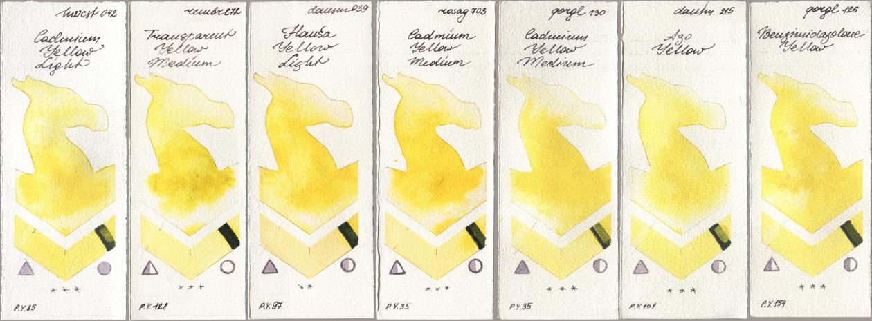 Holbein Artists Watercolor 042 Cadmium Yellow Light, Royal Talens Rembrandt Watercolour 272 Transparent Yellow Medium, Daniel Smith 039 Hansa Yellow Light, Rosa Gallery 703 Cadmium Yellow Medium, Golden QOR 130 Cadmium Yellow Medium, 215 Azo Yellow, 126 Benzimidazolone Yell watercolor swatch