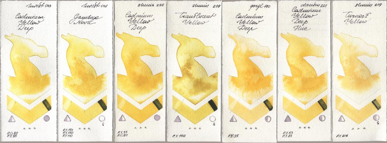 Holbein Artists Watercolor 043 Cadmium Yellow Deep, 048 Gamboge Nova, Shminke Horadam Aquarell 226 Cadmium Yellow Deep, 209 Translucent Yellow, Golden QOR 170 Cadmium Yellow Deep, Daniel Smith 221 Cadmium Yellow Deep Hue, 219 Turner‘s Yell watercolor swatch