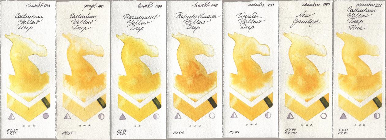Holbein Artists Watercolor 043 Cadmium Yellow Deep, Golden QOR 170 Cadmium Yellow Deep, 037 Permanent Yellow Deep, 049 Isoindolinone Yellow Deep, Winsor & Newton Professional 731 Winsor Yellow Deep, Daniel Smith 060 New Gamboge, 221 Cadmium Yellow Deep H watercolor swatch