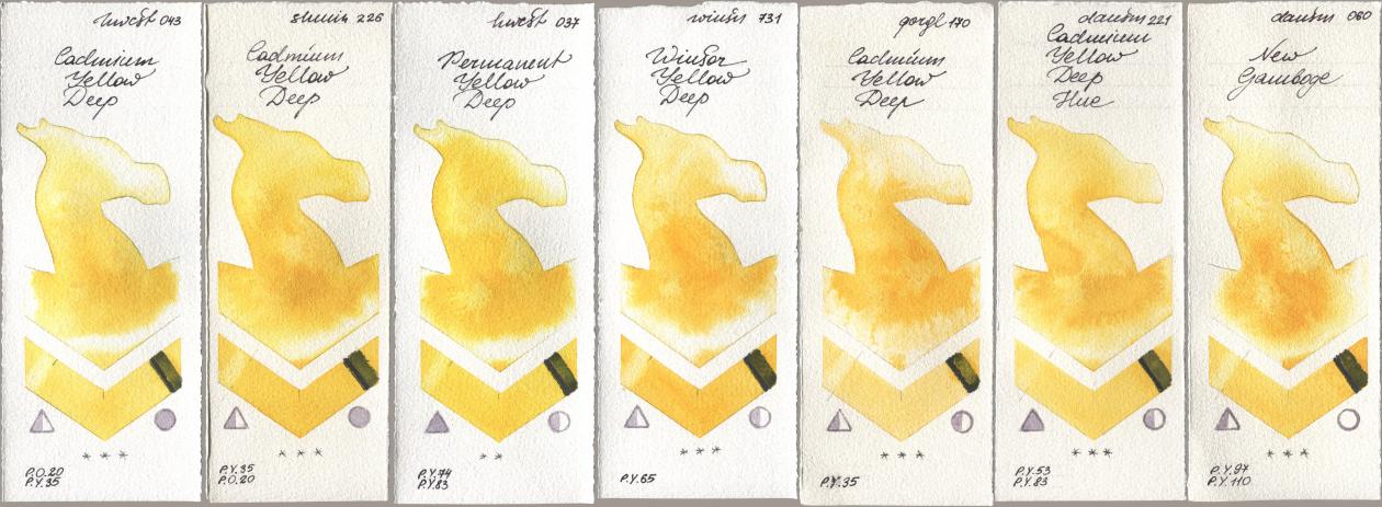 Holbein Artists Watercolor 043 Cadmium Yellow Deep, Shminke Horadam Aquarell 226 Cadmium Yellow Deep, 037 Permanent Yellow Deep, Winsor & Newton Professional 731 Winsor Yellow Deep, Golden QOR 170 Cadmium Yellow Deep, Daniel Smith 221 Cadmium Yellow Deep Hue, 060 New Gambo watercolor swatch