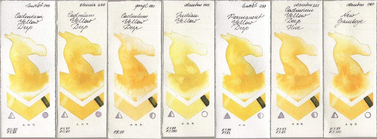 Holbein Artists Watercolor 043 Cadmium Yellow Deep, Shminke Horadam Aquarell 226 Cadmium Yellow Deep, Golden QOR 170 Cadmium Yellow Deep, Daniel Smith 045 Indian Yellow, 037 Permanent Yellow Deep, 221 Cadmium Yellow Deep Hue, 060 New Gambo watercolor swatch