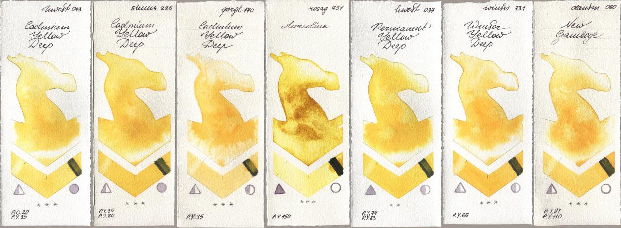 Holbein Artists Watercolor 043 Cadmium Yellow Deep, Shminke Horadam Aquarell 226 Cadmium Yellow Deep, Golden QOR 170 Cadmium Yellow Deep, Rosa Gallery 751 Aureoline, 037 Permanent Yellow Deep, Winsor & Newton Professional 731 Winsor Yellow Deep, Daniel Smith 060 New Gambo watercolor swatch