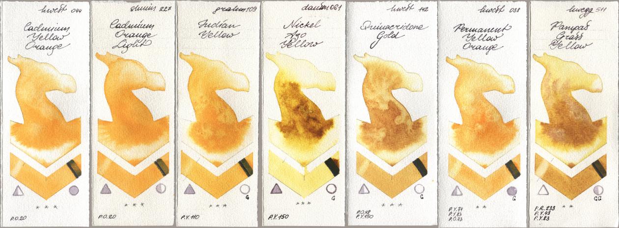 Holbein Artists Watercolor 044 Cadmium Yellow Orange, Shminke Horadam Aquarell 227 Cadmium Orange Light, M. Graham & Co. Artists 109 Indian Yellow, Daniel Smith 061 Nickel Azo Yellow, 142 Quinacridone Gold, 038 Permanent Yellow Orange, 511 Pampas Grass Yell watercolor swatch