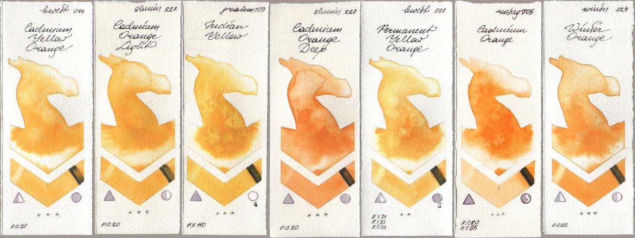 Holbein Artists Watercolor 044 Cadmium Yellow Orange, Shminke Horadam Aquarell 227 Cadmium Orange Light, M. Graham & Co. Artists 109 Indian Yellow, 228 Cadmium Orange Deep, 038 Permanent Yellow Orange, Rosa Gallery 705 Cadmium Orange, Winsor & Newton Professional 724 Winsor Oran watercolor swatch