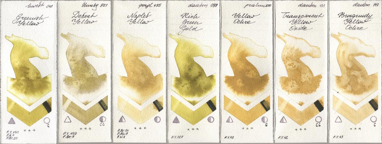 Holbein Artists Watercolor 046 Greenish Yellow, Shminke Horadam Aquarell 921 Desert Yellow, Golden QOR 435 Naples Yellow, Daniel Smith 099 Rich Green Gold, M. Graham & Co. Artists 200 Yellow Ochre, 131 Transparent Yellow Oxide, 147 Burgundy Yellow Och watercolor swatch