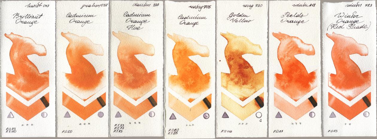 Holbein Artists Watercolor 047 Brilliant Orange, M. Graham & Co. Artists 038 Cadmium Orange, Daniel Smith 220 Cadmium Orange Hue, Rosa Gallery 705 Cadmium Orange, 730 Golden Yellow, Winsor & Newton Professional 418 Fields Orange, 723 Winsor Orange (Red Shad watercolor swatch