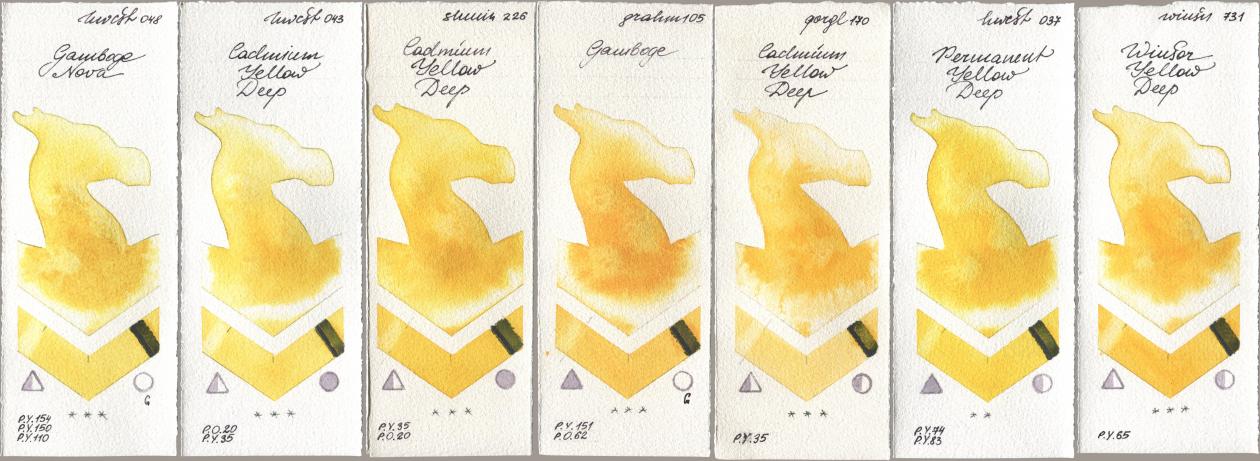 Holbein Artists Watercolor 048 Gamboge Nova, 043 Cadmium Yellow Deep, Shminke Horadam Aquarell 226 Cadmium Yellow Deep, M. Graham & Co. Artists 105 Gamboge, Golden QOR 170 Cadmium Yellow Deep, 037 Permanent Yellow Deep, Winsor & Newton Professional 731 Winsor Yellow De watercolor swatch